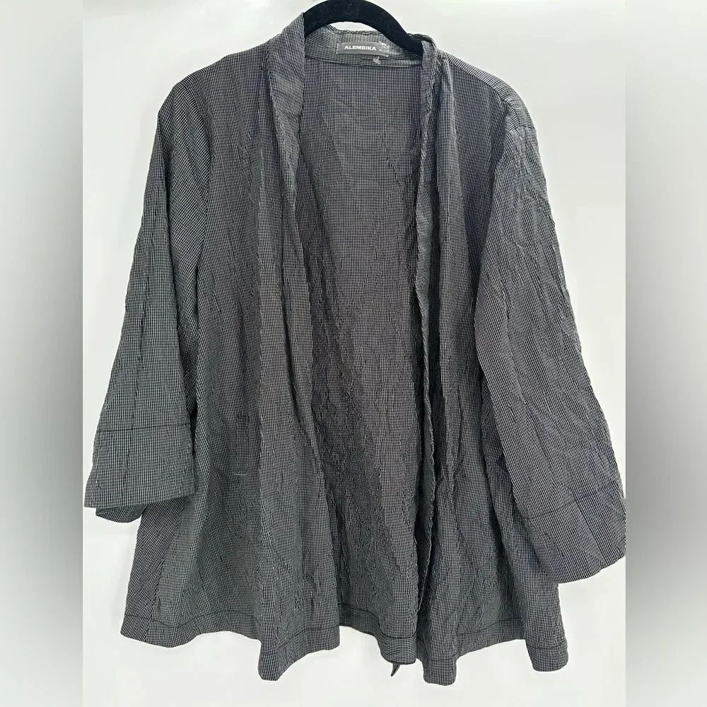 Alembika Open Front Jacket Gray Micro Check Crinkle Texture Size 1 4-6
